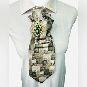 Pierre Cardin Tan, Green, and Brown Necktie featuring Gold/Emerald Brooch